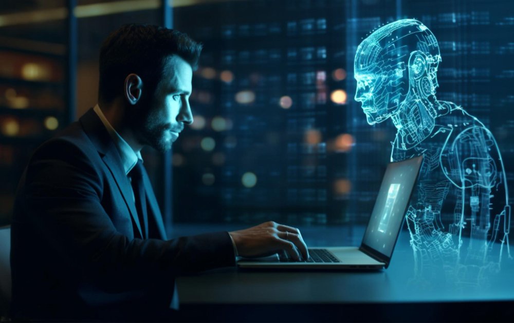 Artificial Intelligence man using laptop while looking at a robot hologram
