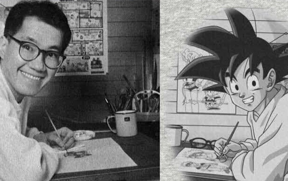 Akira Toriyama and his anime character in a black and white back ground 