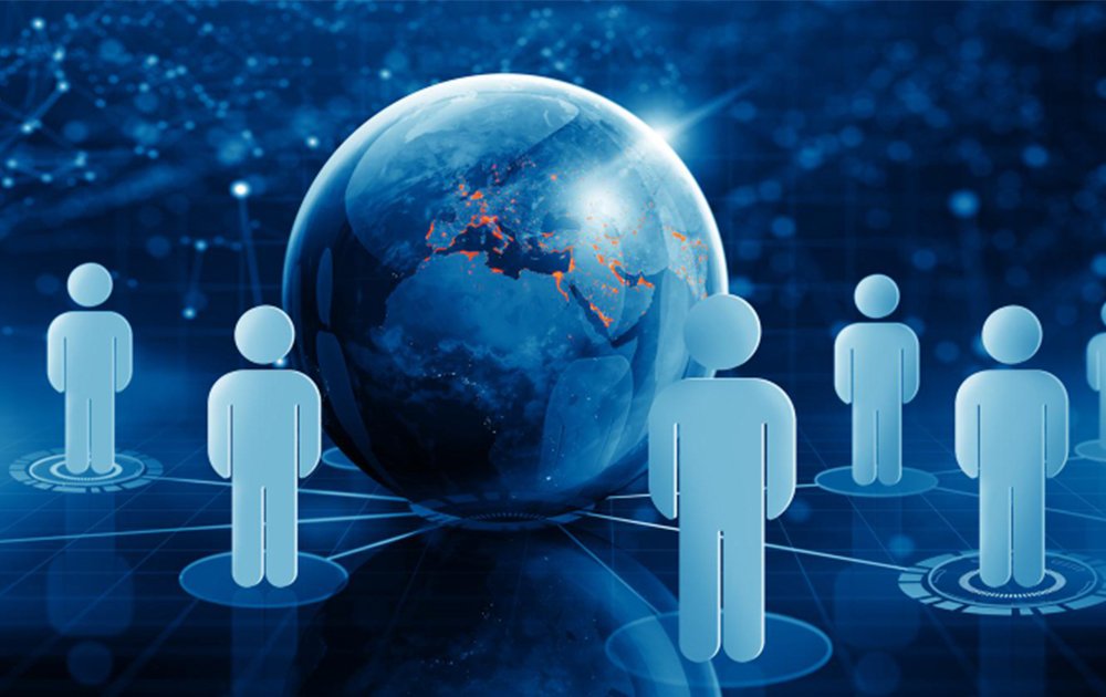 a vector  image showing Connectivity and Communication in which vector people standing around an earth globe - Telikoz
