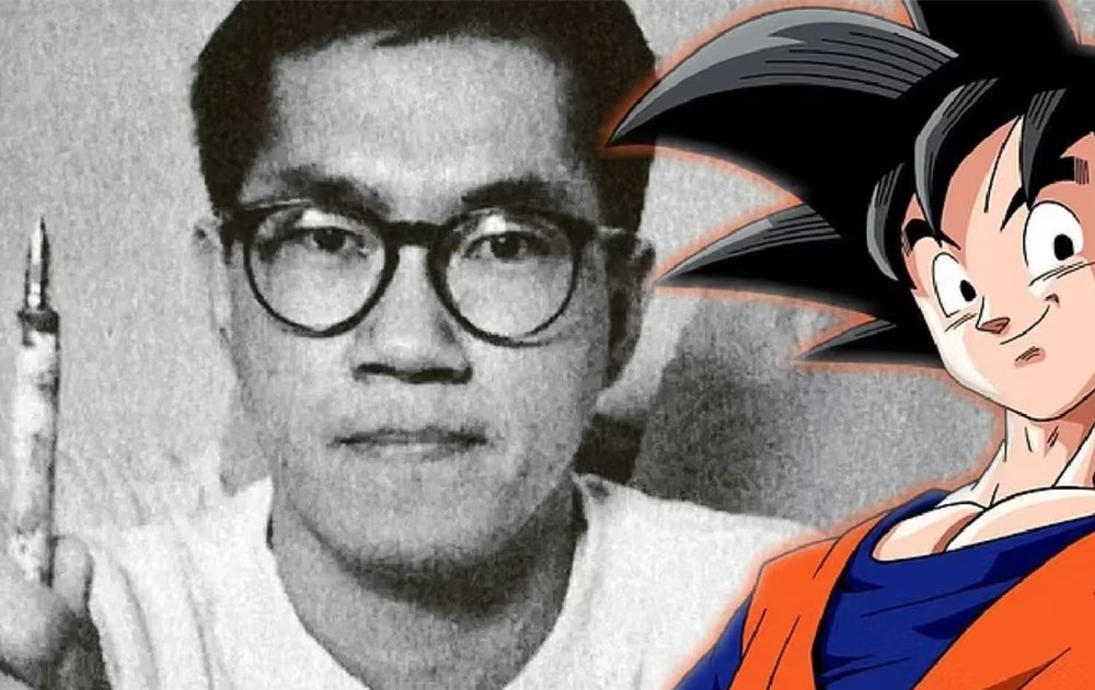 a black and white image showing Akira Toriyama with an ink pen and his anime character 