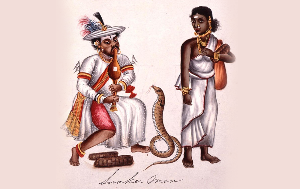 an image showing a man influencing a snake with his flute and a lady watching it - Telikoz