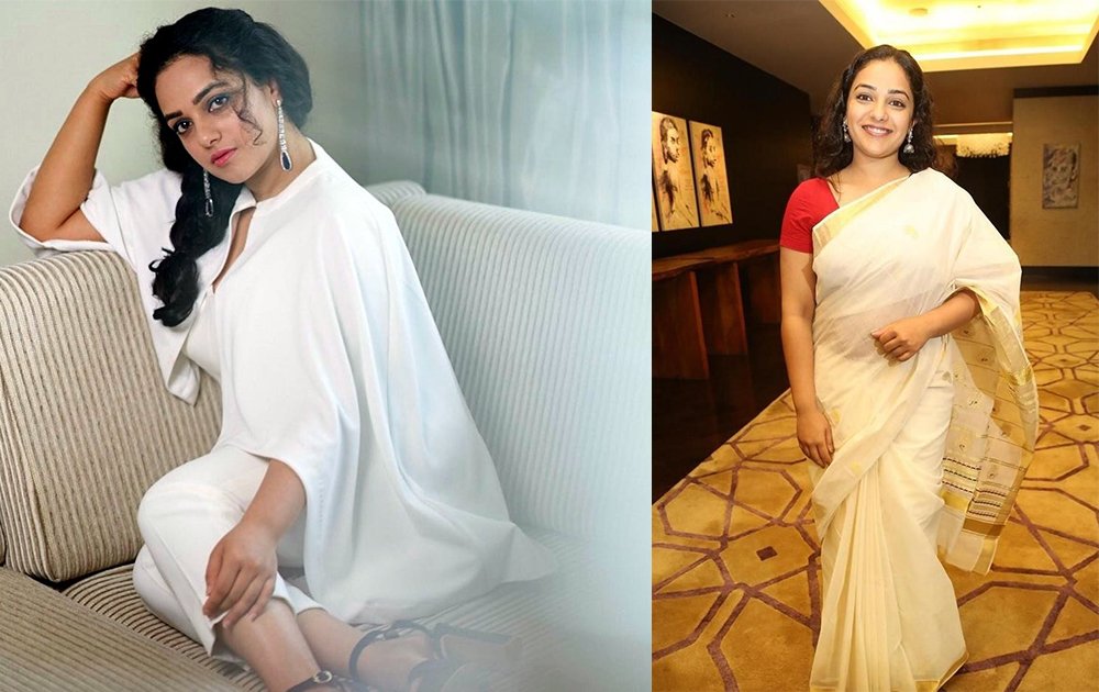 A collage image of Nitya Menen wearing a white modern dress and Kerala traditional saree - Telikoz