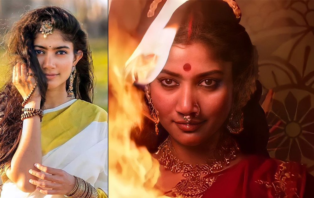 A collage image of Sai Pallavi wearing traditional Kerala saree and an image from the movie Shyam Singha Roy - Telikoz