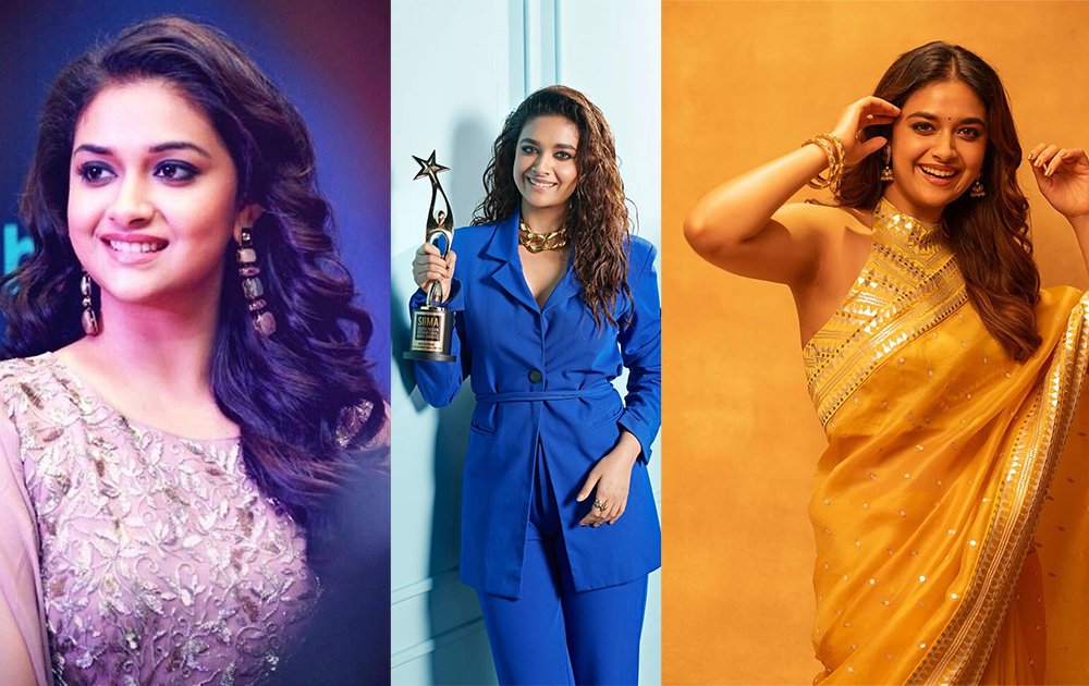A collage image of Keerthy Suresh from events and award winning shows - Telikoz